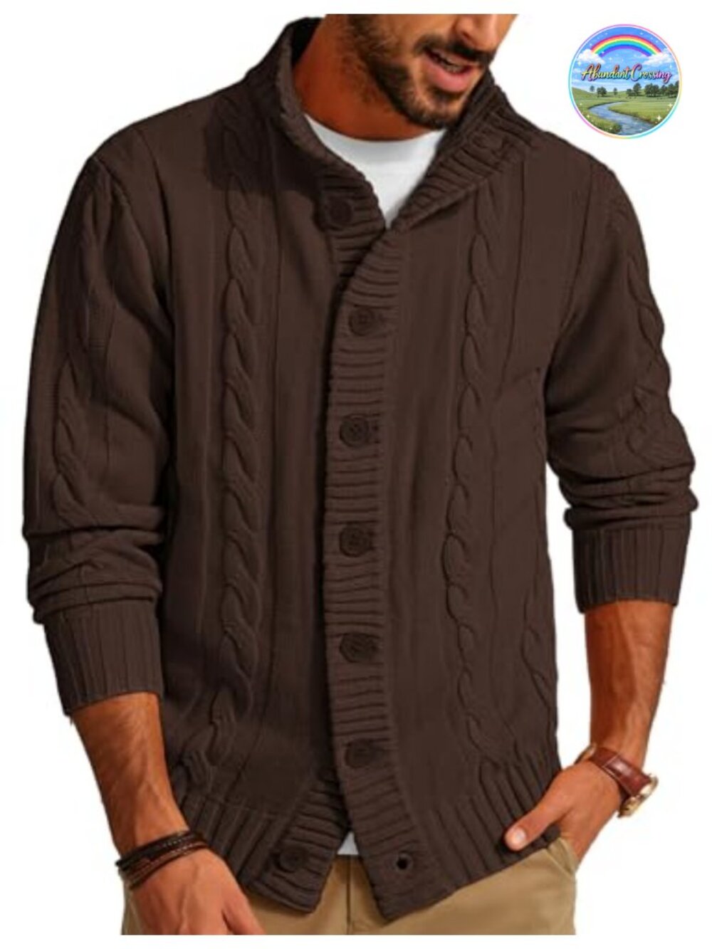 Mens Cable Knit Cardigan Button Down Sweater Mock Neck Long Sleeve